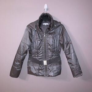 New York & Company Metallic Gray Puffer Jacket with Belt
